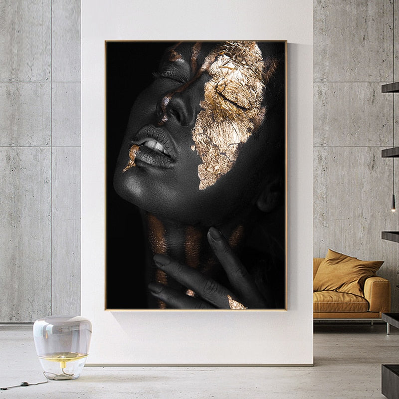 Living Room Wall Art- Black & Gold Woman. Painting Photo Canvas Print. WickedYo5